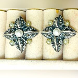 Vintage Marcasite 925 Sterling Silver Earrings faux pearl omega clasp